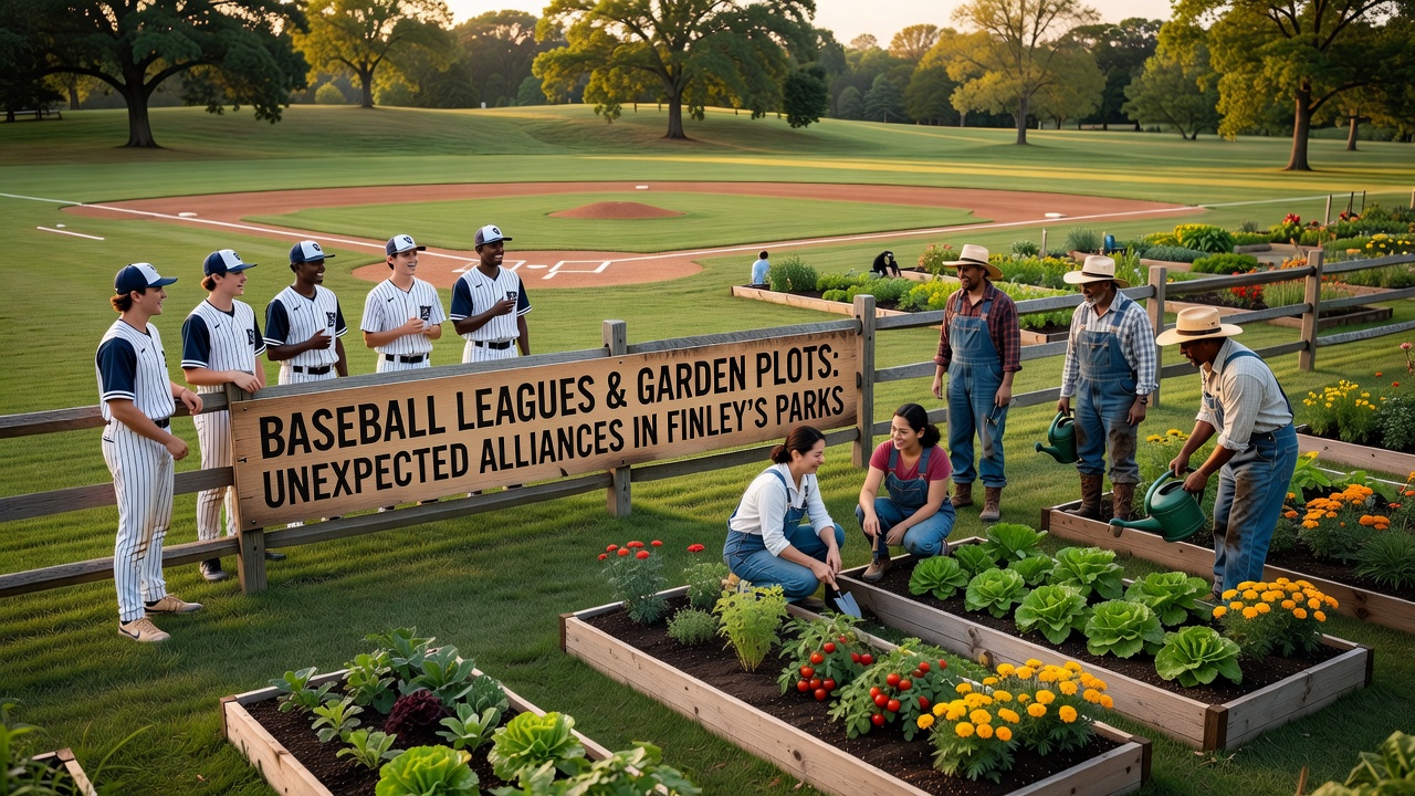 Community members at a joint baseball and gardening event in a Finley park