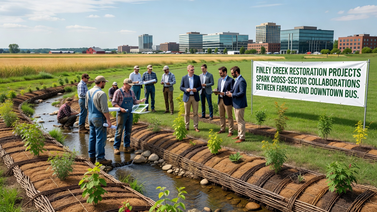 Group of farmers and downtown business owners reviewing restoration plans at a community meeting table with maps and water samples displayed